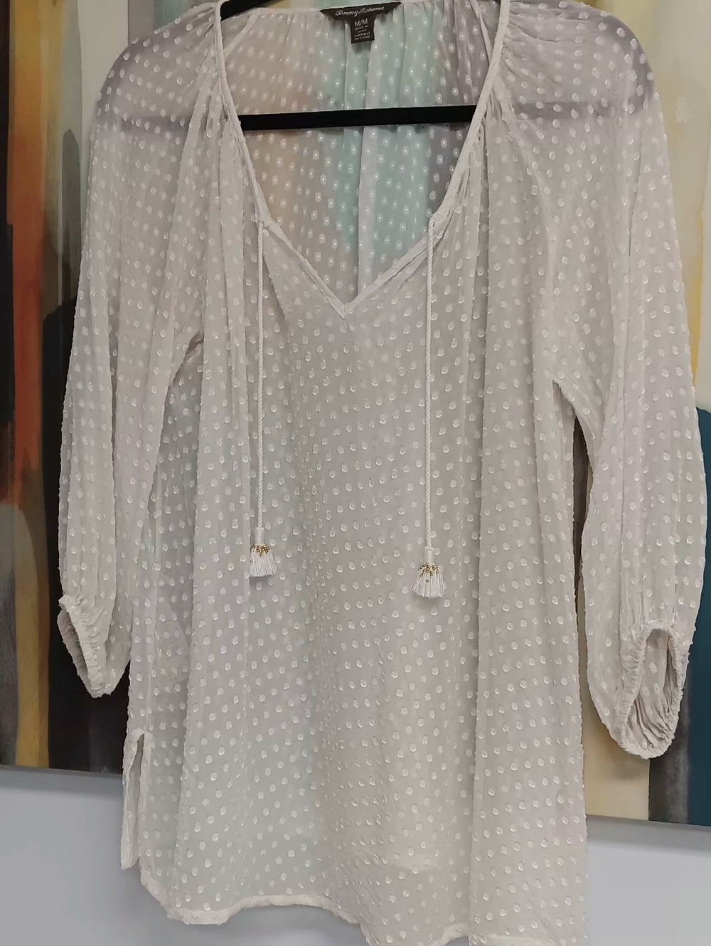 Tommy Bahama Silk Blend Sheer Swiss Dot Peasant Blouse with Tassel Tie